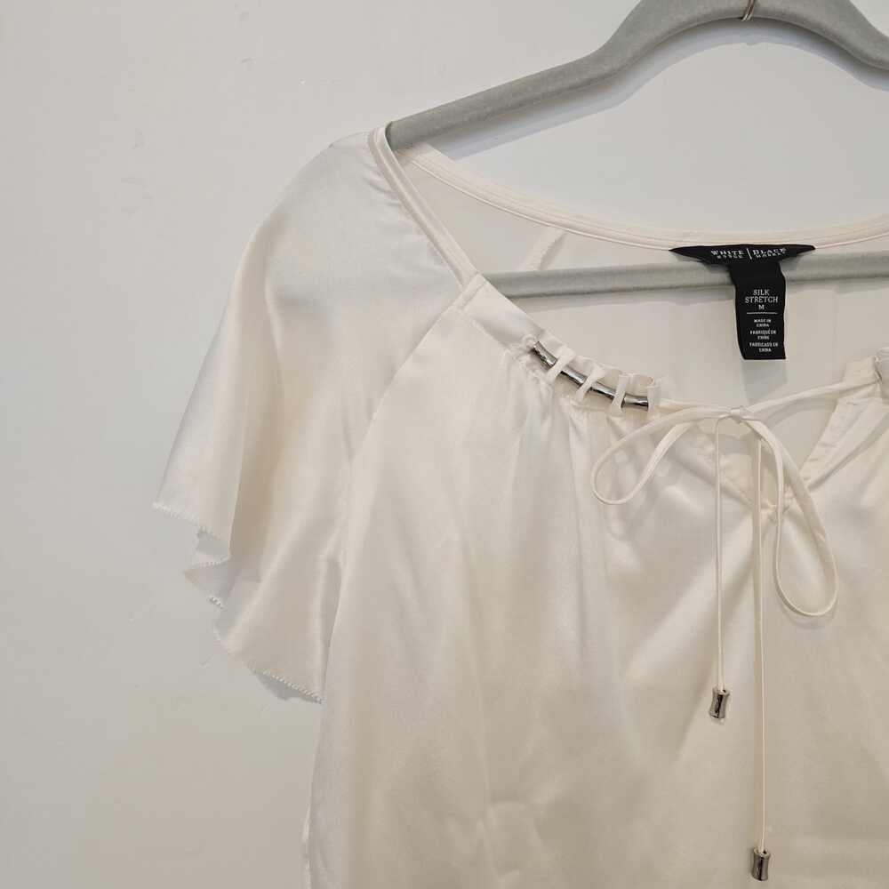 WHMB Silk Stretch Ivory Tie-Neck Peasant Top Size M Boho Romantic Feminine - Picture 2 of 6